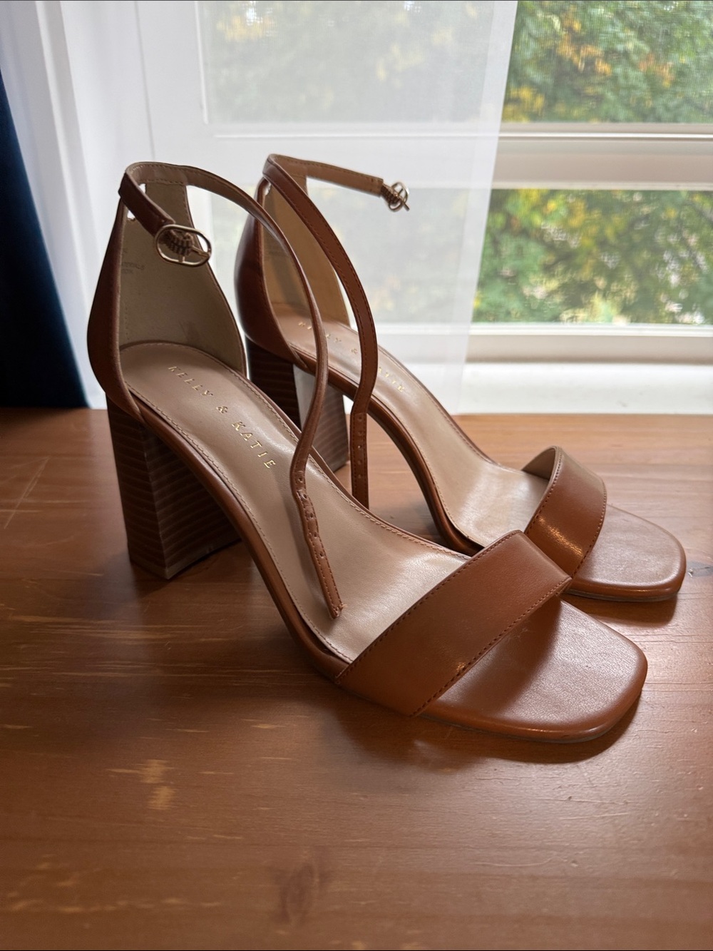 Kelly & Katie Tan Brown Block Heel Ankle Strap Sandals